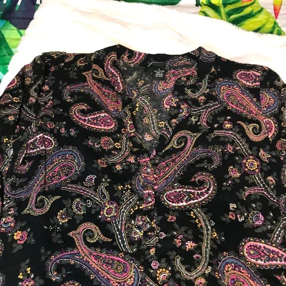 Y2K Lucky Brand Women's Small Black Pink Sheer Paisley Work Casual Office Blouse - Picture 9 of 10